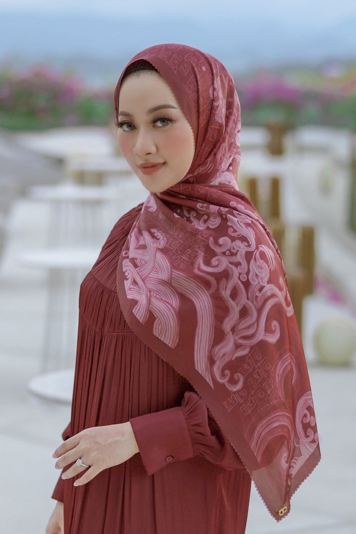 Wave Saten Şal - Maroon