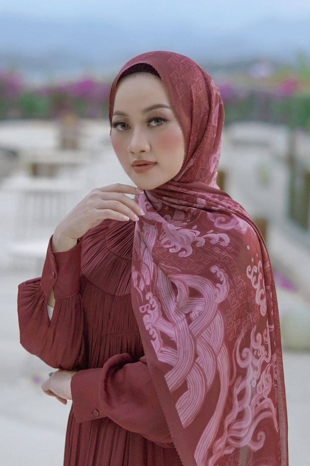 Wave Saten Şal - Maroon